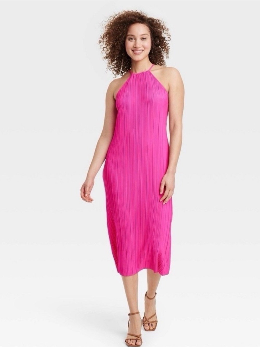Knit Plisse Midi Shift Dress Hot Pink